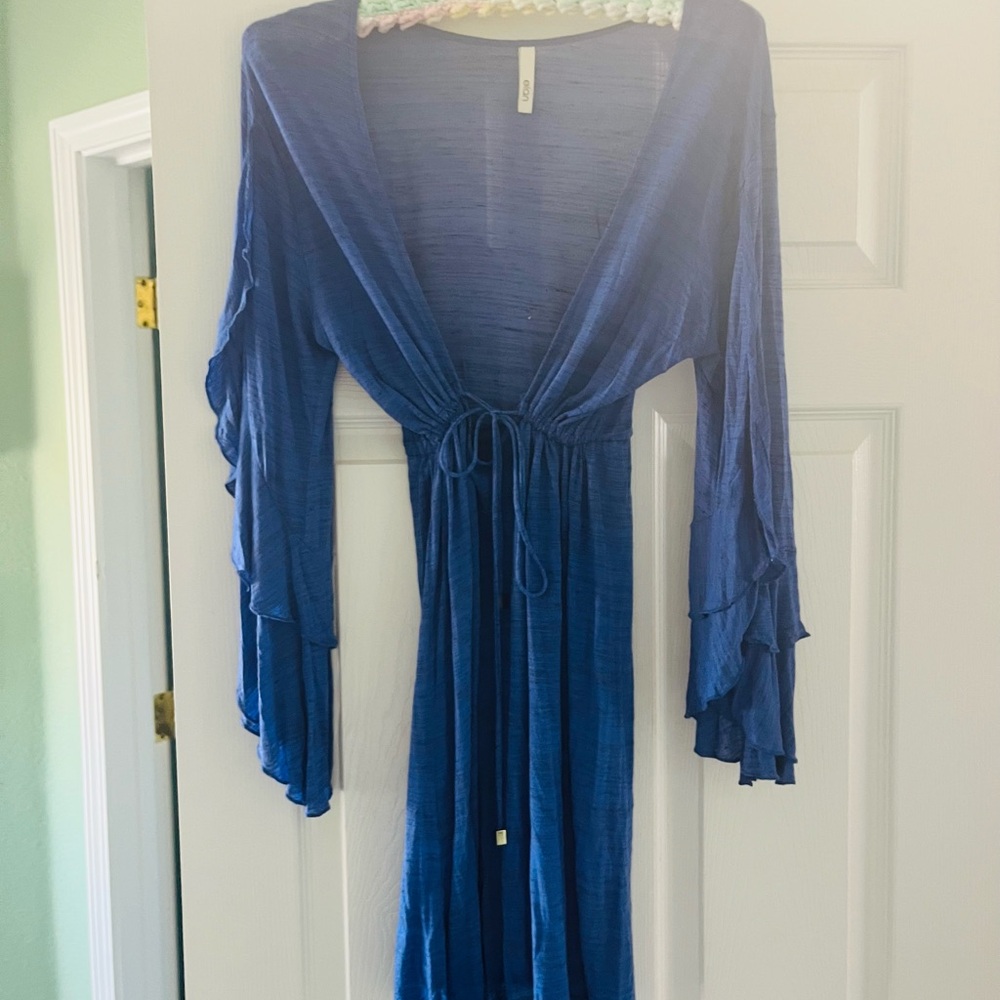 Elan Royal Blue Long Sleeve Tie-Front Ruffled Top